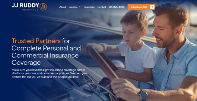 Father and son on a boat, representing JJ Ruddy Insurance coverage.