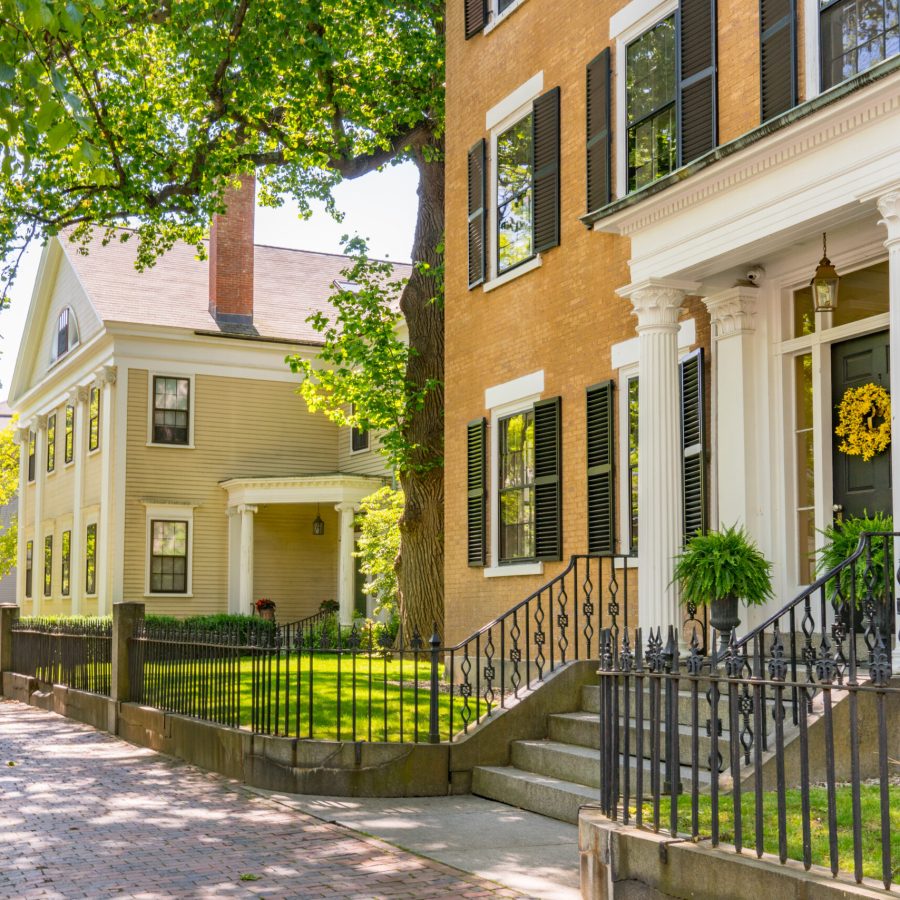Historic New England houses along street in Salem, Massachusetts